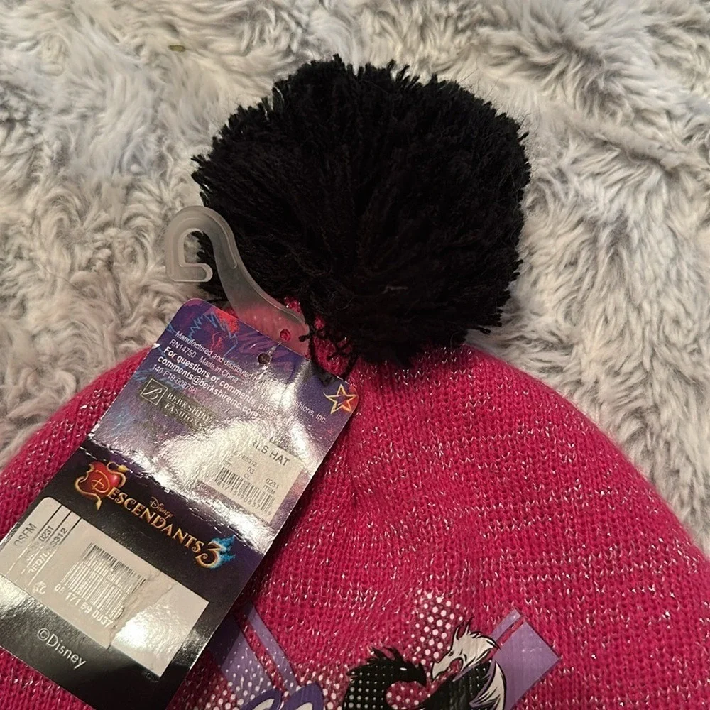 Disney Descendants 3 Girls Beanie Hat Pink Metallic Knit Pom Pom Ear Flaps NEW
